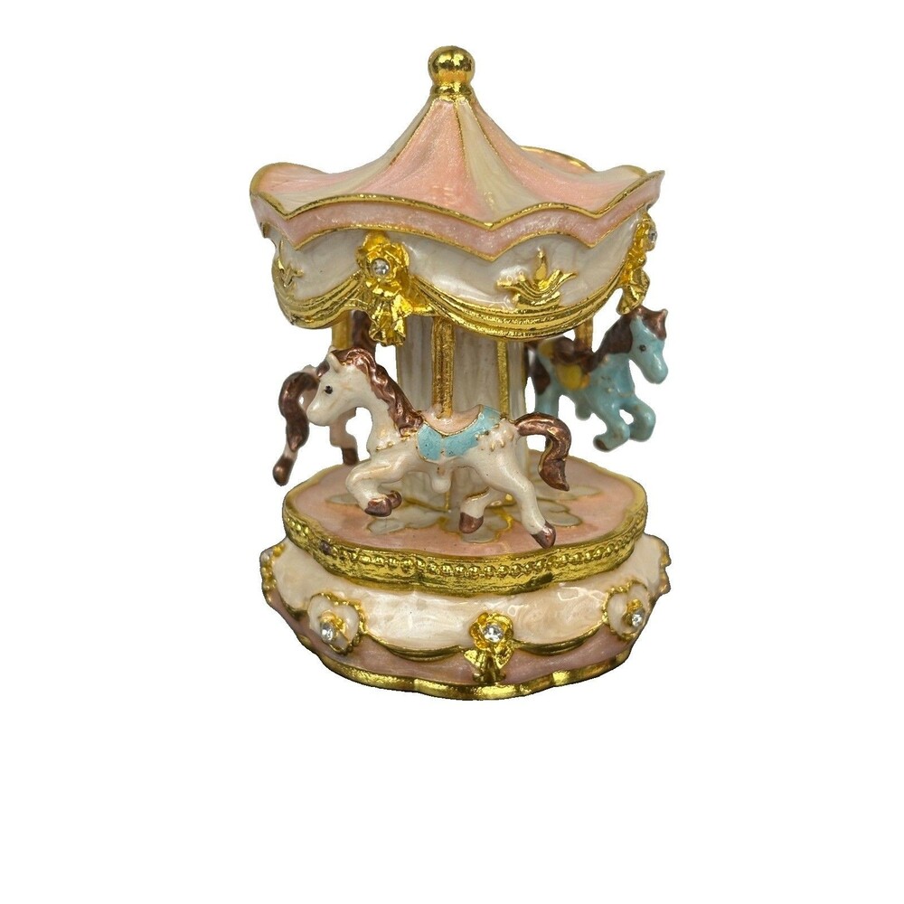 Merry Go Round Trinket Box Pink Gold Tone W/Rhinestone Enamel Metal 3"X2"1/2 New